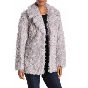 Avec Les Filles Notch Collar Curly Faux Fur Fuzzy Jacket Coat Silver Grey XS NWT